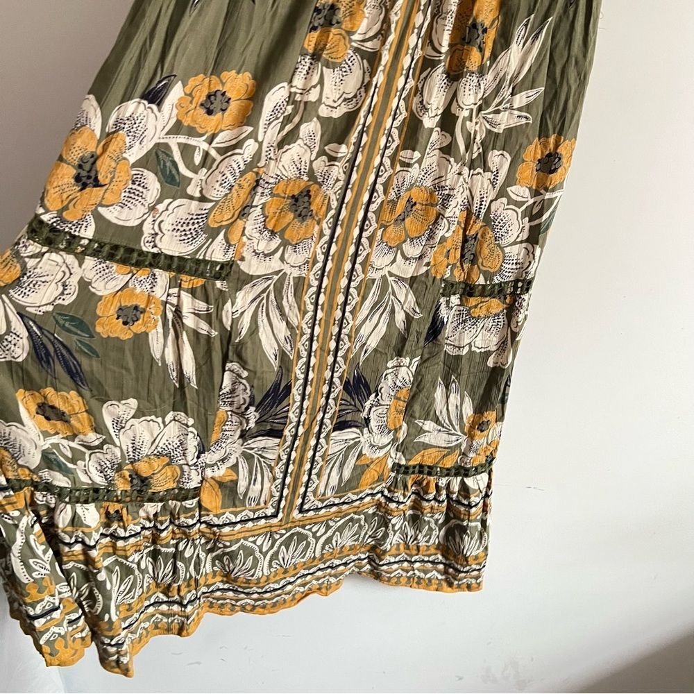 Angie Boho Floral Maxi Dress Olive Green Puff Sleeve Cottagecore Size Large - Picture 8 of 11
